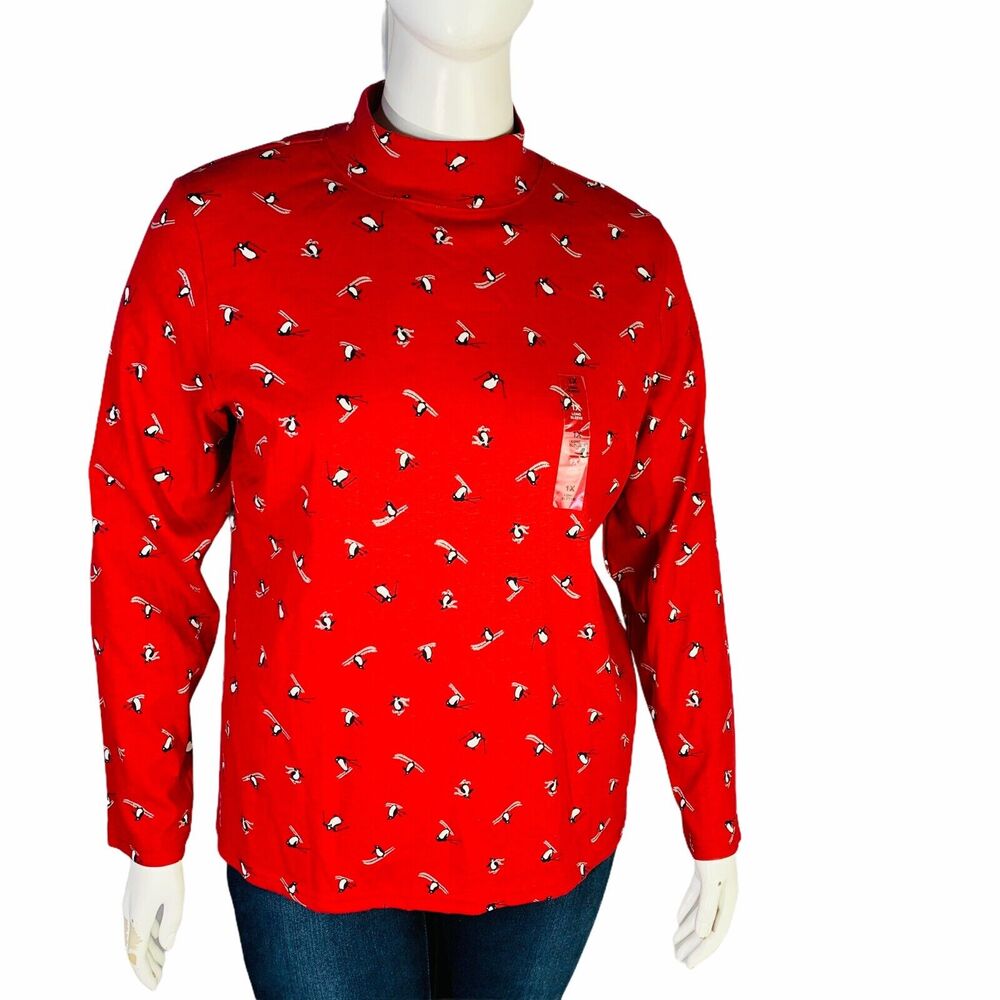 New Karen Scott Womans Sz 2X Shirt Pinguin Holiday Long Sleeve Pullover Red NWT